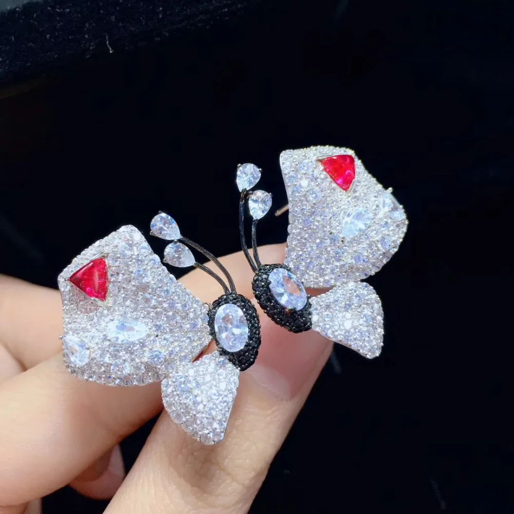 cute romantic butterfly stud earring 925 sterling silver with cubic zircon white and red mixed color fine women jewelry