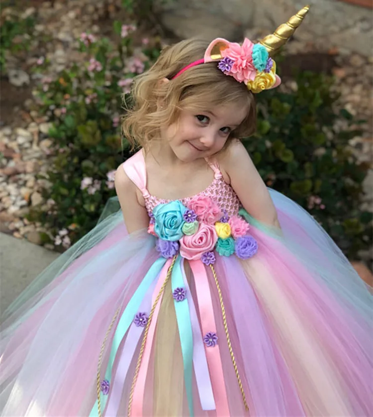 Girls Pastel Unicorn Flower Tutu Dress Kids Fluffy Crochet Long Tulle Dress Ball Gown with Hairbow Children Wedding Party Dress