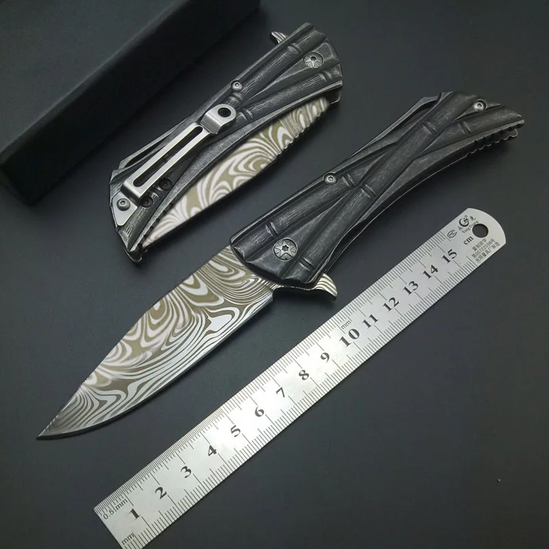 Micro Tech Bamboo Carved CNC blade Stonewash handle ball bearing Hunting Pocket Knife collection knives Xmas gift Outdoor Gear