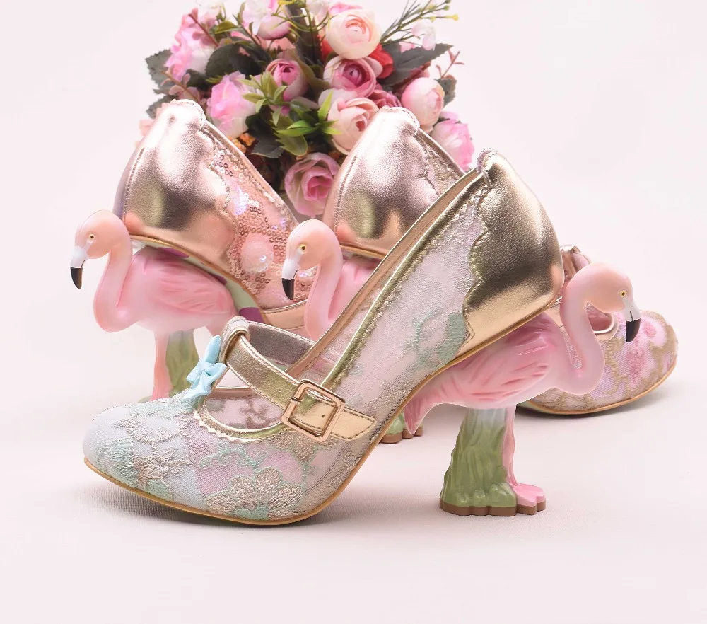 Spring Woman Novelty Flamingo High Heels Wedding Dress Designer Lady Round Toe Sequined Cloth Pumps Girls Buckle Strap Shoes