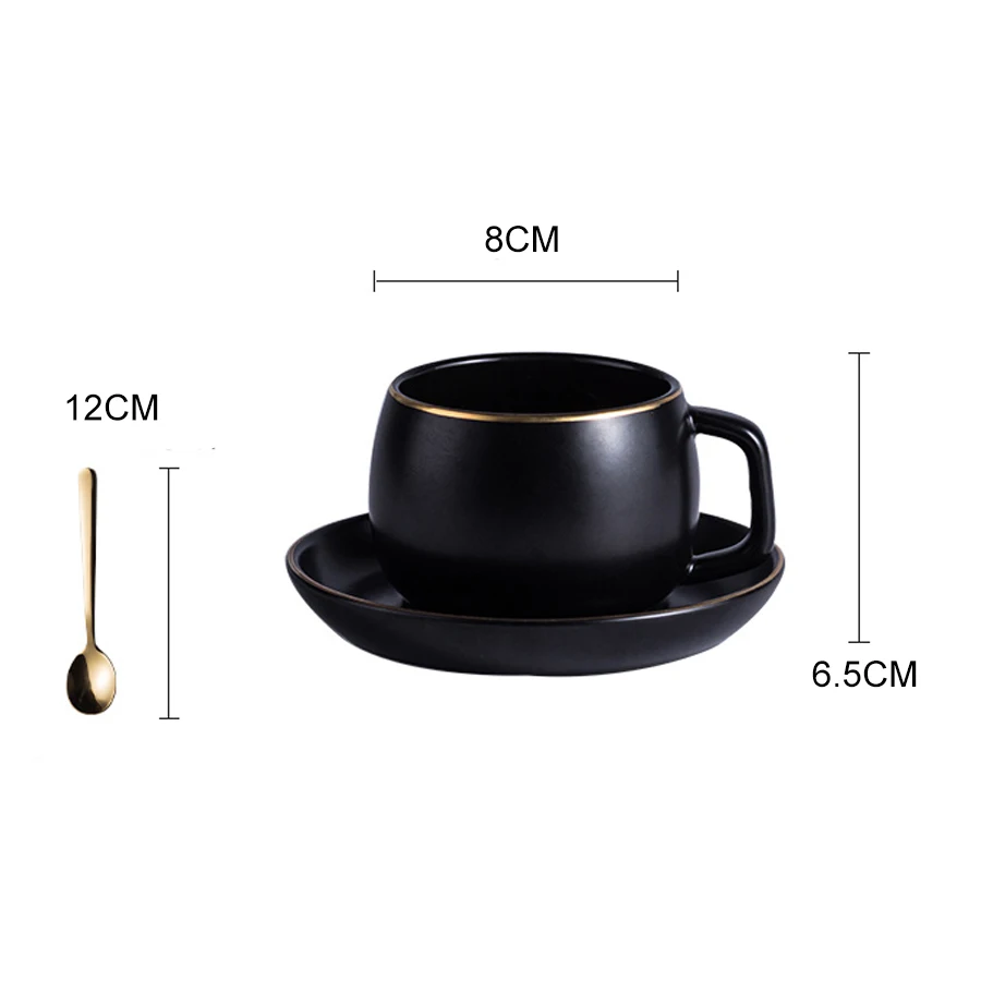 MUZITY Ceramic Coffee Cup and Saucer Black Pigmented Porcelain Tea Cup Set with Stainless Steel 304 Spoon