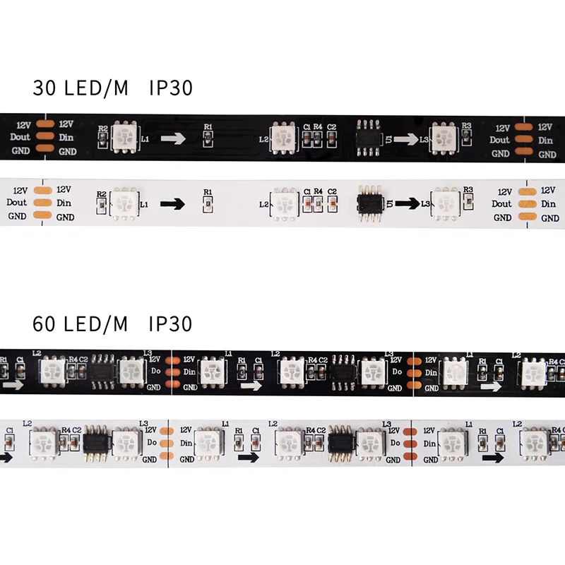 Bande Lumineuse LED WS2811, 5m, DC12V, Ultra Lumineuse, 402 Efficace, 5050 SMD, RGB, Haute Luminosité, Adressable, 30/48/60 Diodes/m, Blanc/Noir, PCB