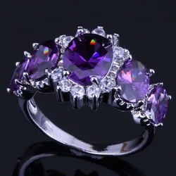 Fascinating Oval Purple Cubic Zirconia White CZ Silver Plated Ring V0412