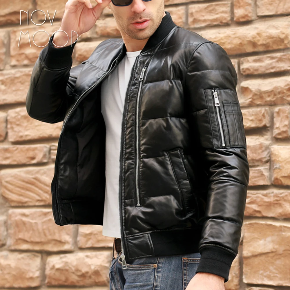 Men winter warm black genuine leather real lambskin duck down bomber jackets coats plus size jaqueta de couro deri ceket LT2446