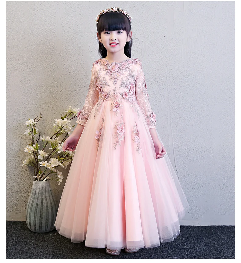 

High Quality Pink Tulle Flower Girl Party Pageant Princess Dress For Little Girls Glitz Bead Appliques First Communion Dresses