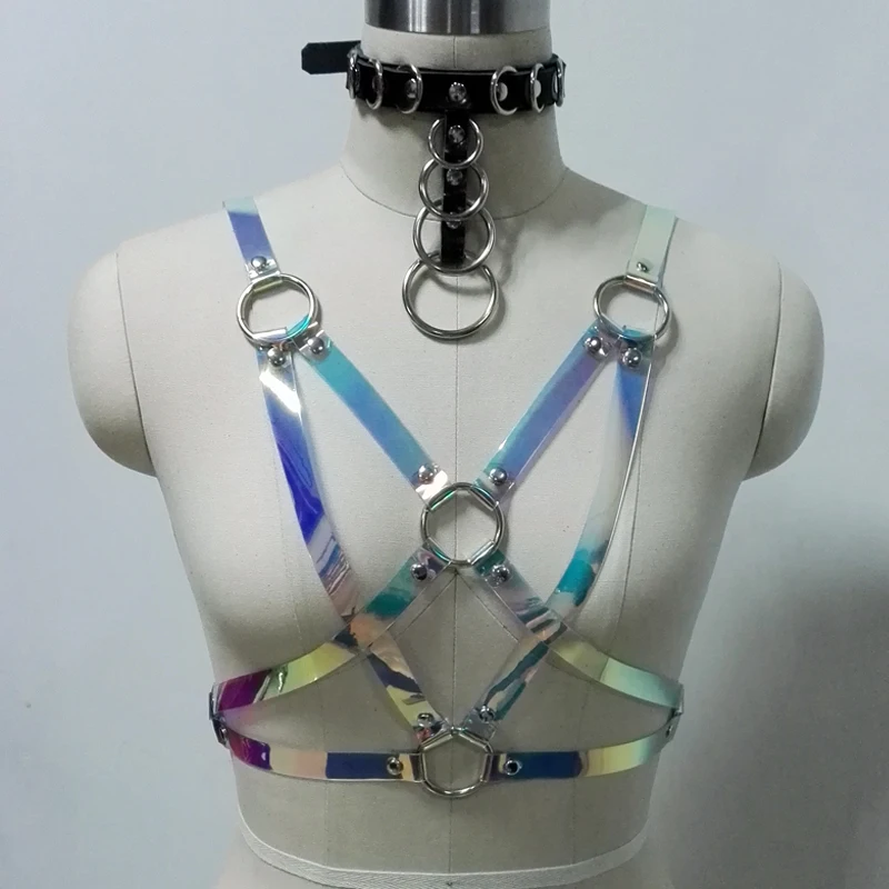 100% Handmade Punk Gothic Holographic Star Pentagram PVC Harness Rainbow Hologram Choker Waist Belts Suspender Straps