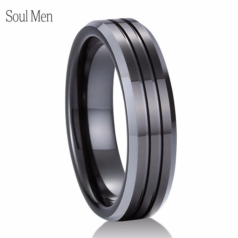 Male Classic Wedding Band 6mm Black Tungsten Carbide Grooved Ring for Men Women USA Size 11 12 13