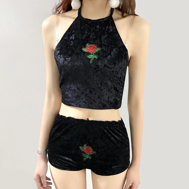 4 Colors Sexy Women Rose Embroidery Velvet 2 Two piece set 2018 New Halter Tank Camis Crop Top with Brief Panties Sets Outfit