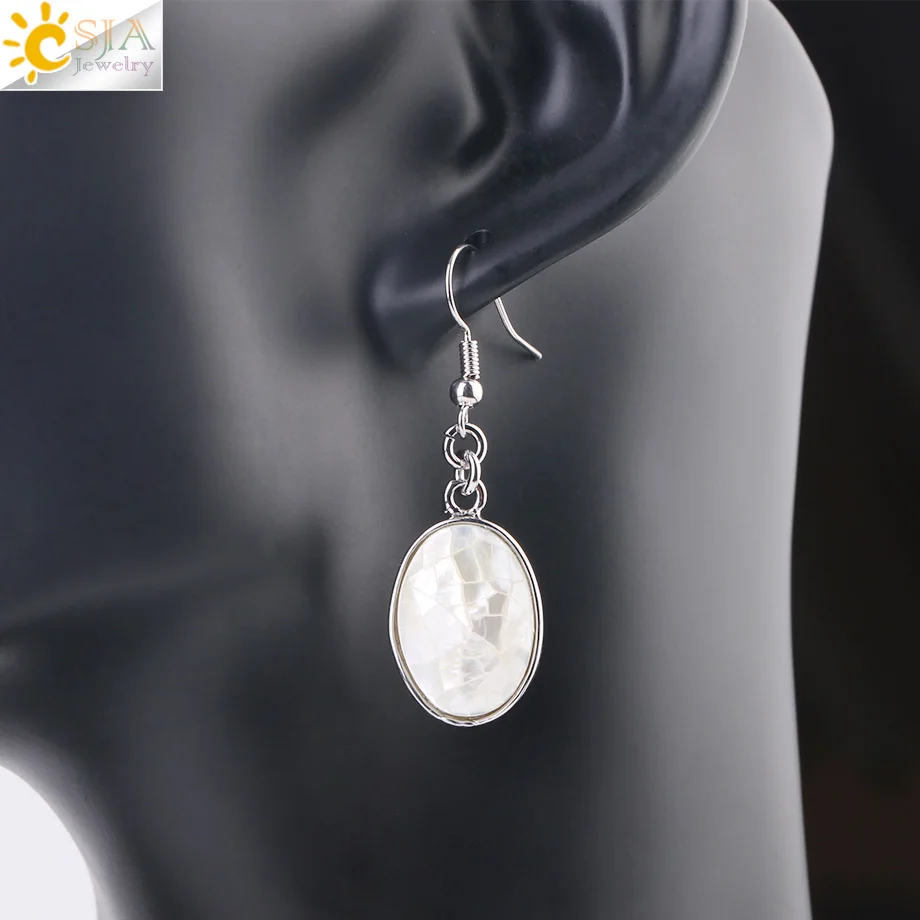 CSJA Natural Seashell Earrings Pink White Abalone Shell Egg Shape Dangle Drop Earring for Women Casual Beach Summer Jewelry F981 image 5