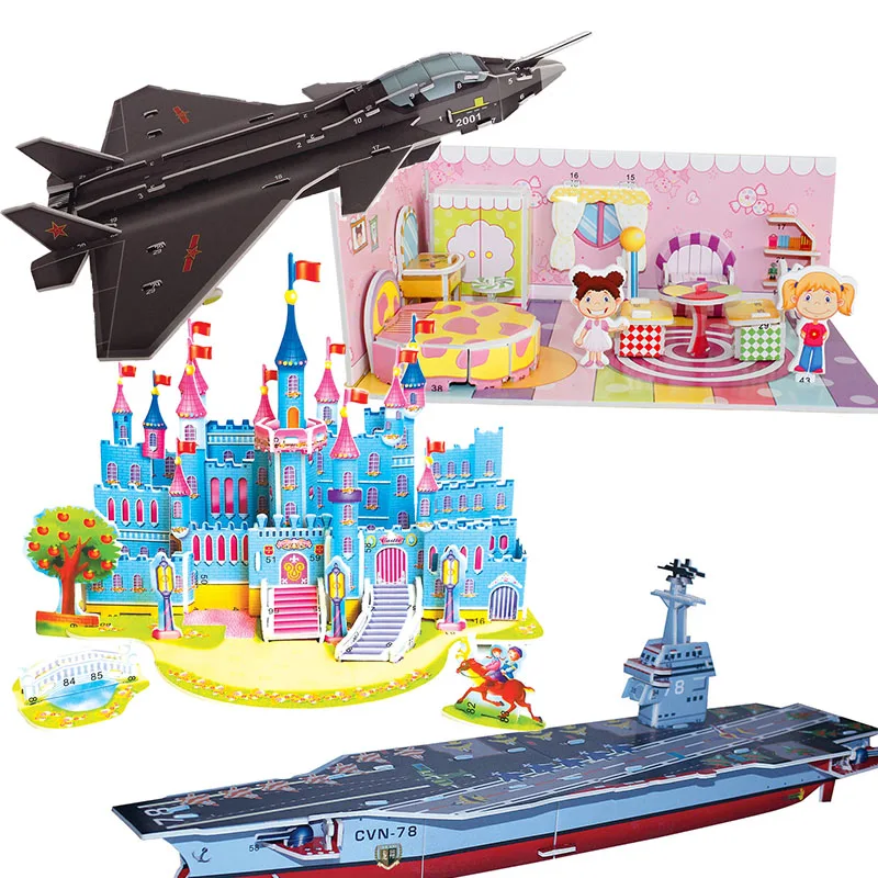 3D fai da te Puzzle Jigsaw Model Castle Cartoon House Assembly Paper Froth Environment Safety Toys for Kids Gift Aircraft Carrier Tank