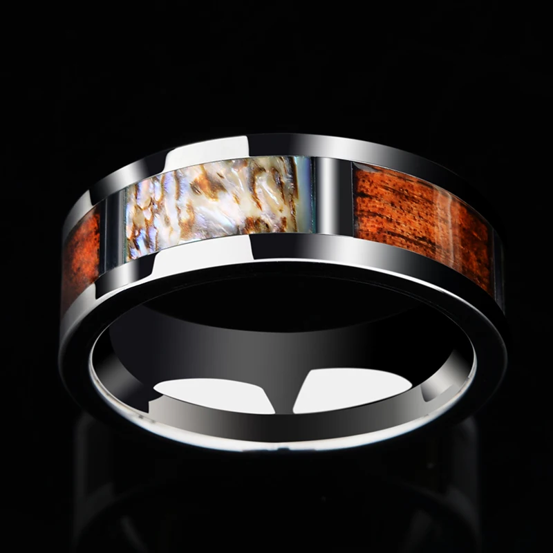 Bohemia 8mm Width Tungsten Wedding Rings Inlay Natural Abalone Shells & Wood for Couples, Free Engraving 6-13