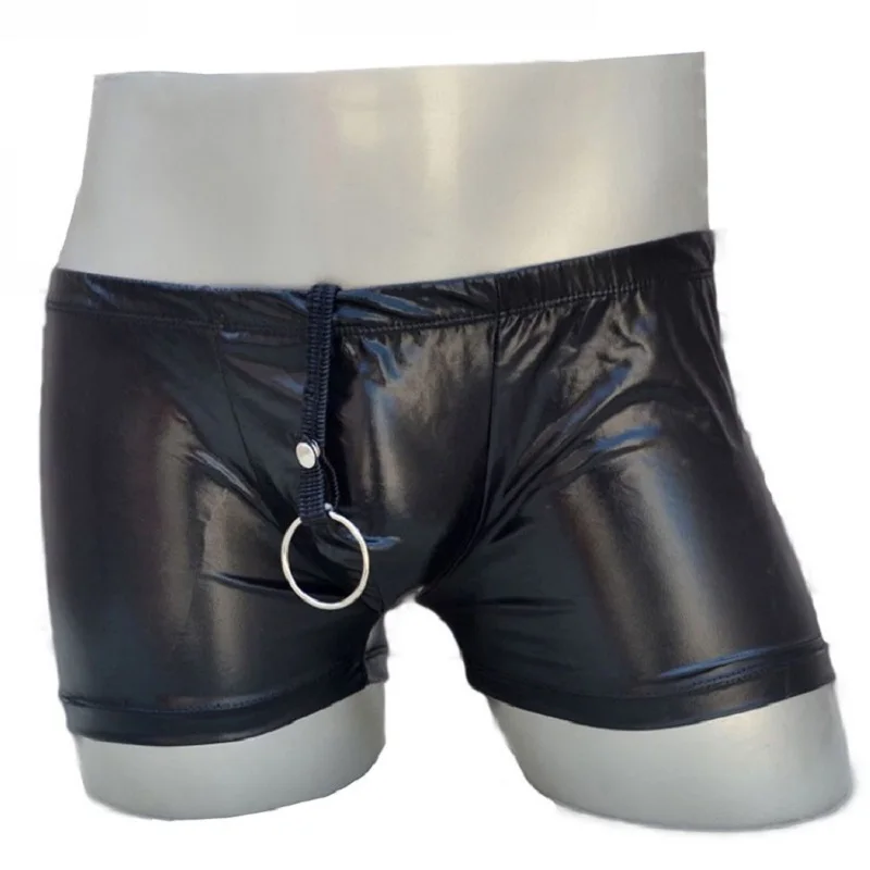 Black Male faux leather trunk low-waist sexy men\'s rings  panties cool boxers