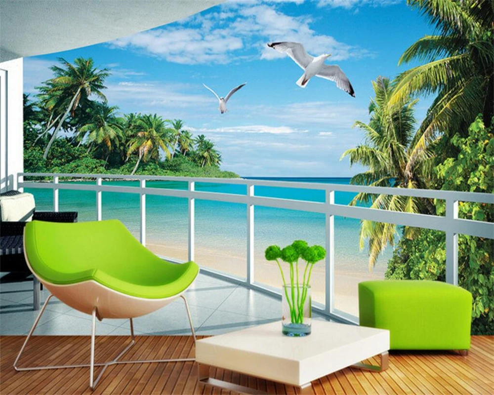 

Beibehang Custom wallpaper natural landscape sun d sea view coconut tree pigeon wall paper living room background 3d wallpaper