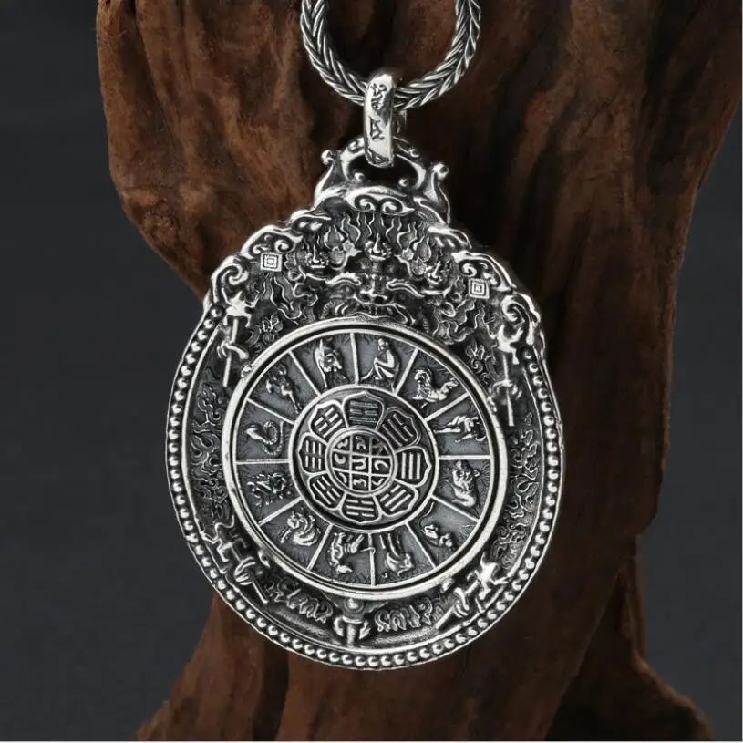 Large 925 Silver Nine Direction Eight Symbols Amulet Sterling Tibetan Direction-Symbol Pendant Necklace Buddhist Vajra Pendant.