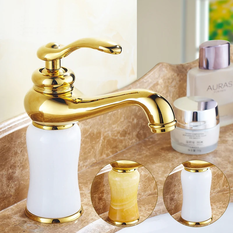 

European Yellow/White jade marble basin faucet hot and cold mixer water tap, Copper gold plated style wash basin faucet Whosale