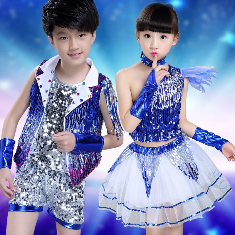 New Boy girl Blue Yellow Sequin Jazz dance stage costume clothes hiphop sexy modern dancewear ballrrom dress skirt suit tutu