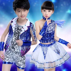 New Boy girl Blue Yellow paillettes Jazz dance stage costume vestiti hiphop sexy modern dancewear ballrrom dress gonna suit tutu