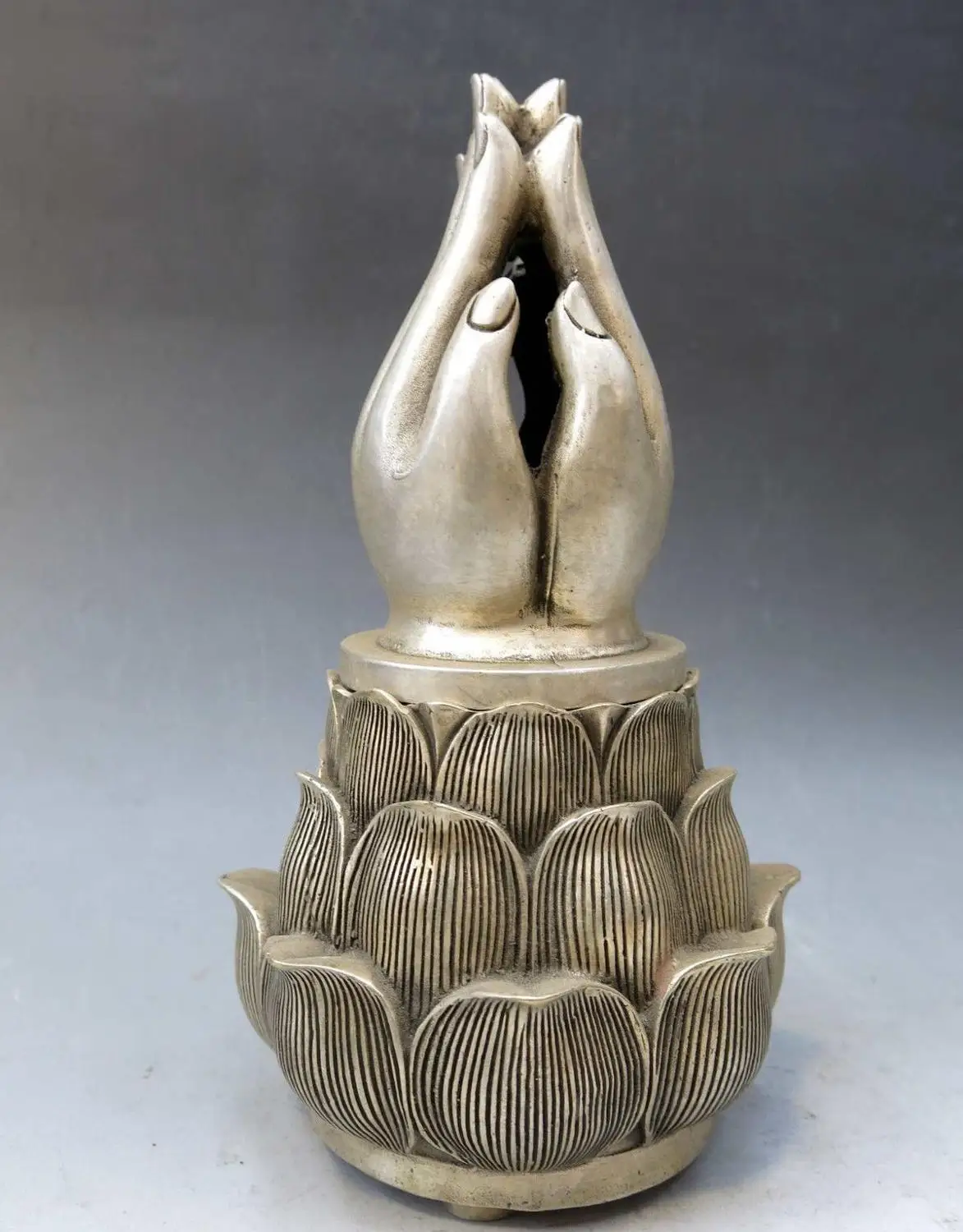 

China silver handwork carved beautiful censer buddha hand incense burner Statue