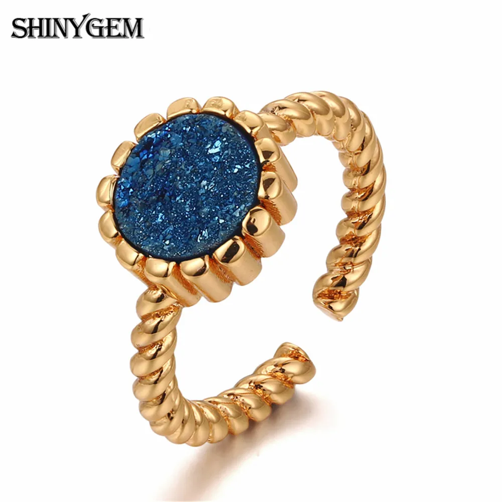 

ShinyGem Vintage Classic Gold Rings Plating 18K Inlaid 8mm Natural Crystal Druzy Stone Cabochon Adjustable Resizeable