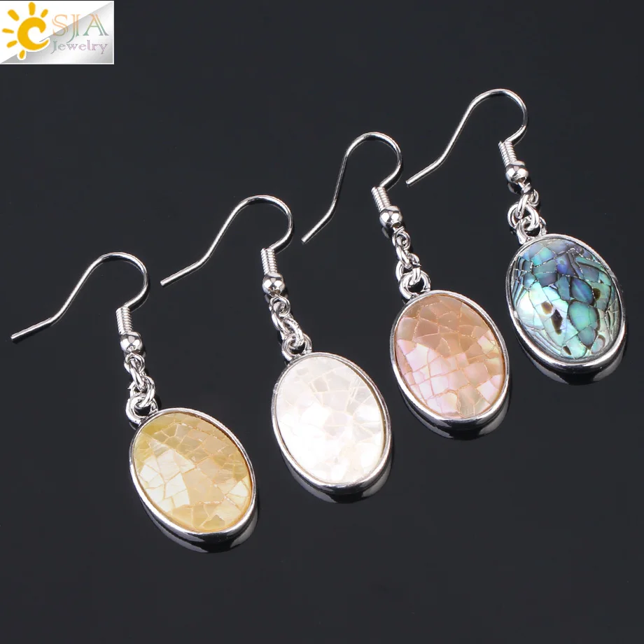 CSJA Natural Seashell Earrings Pink White Abalone Shell Egg Shape Dangle Drop Earring for Women Casual Beach Summer Jewelry F981 image 3