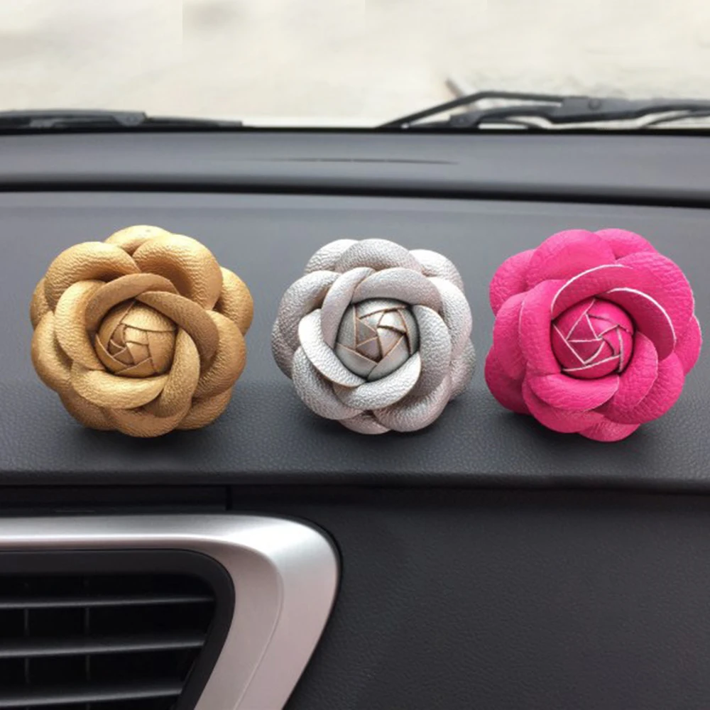 Car Use Perfume Seat Car Ornaments with Crystal Creative Charm Beautiful Camellia Flower Car Accessories Sliver