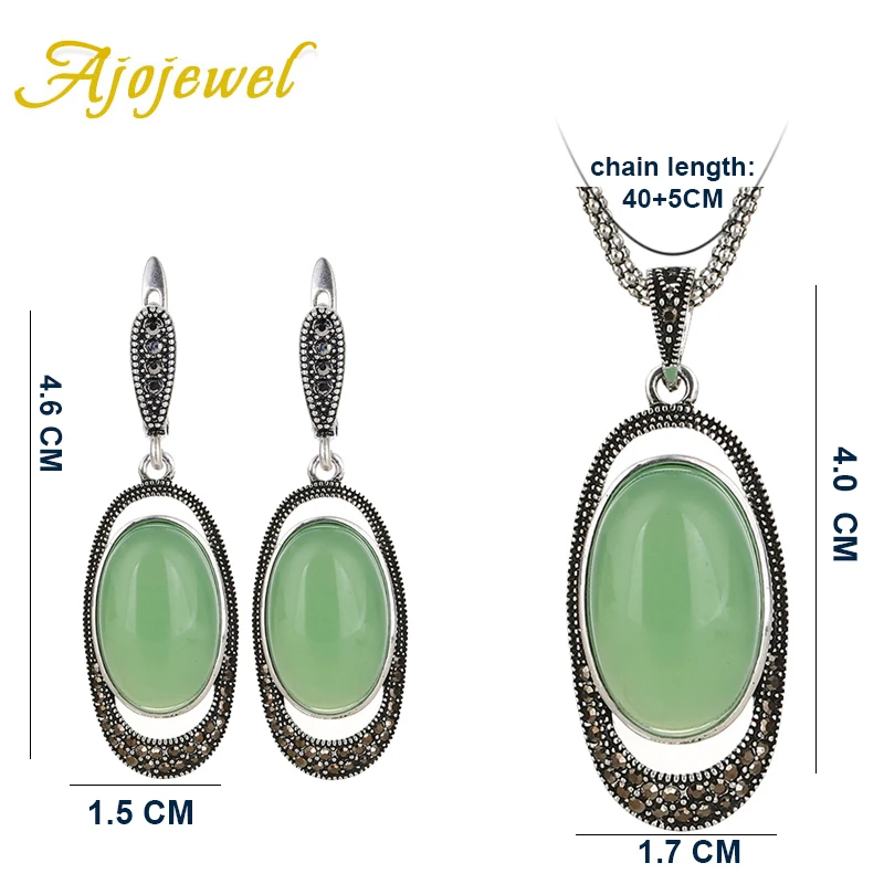 Ajojewel Delicate Green Opal Stone Retro Jewelry Sets Vintage Earrings Necklace Women Costume Jewelry Accessories