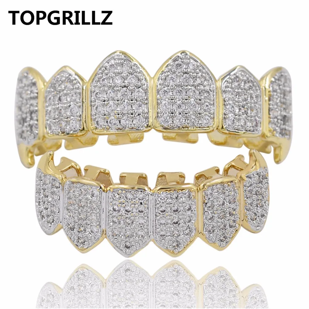 TOPGRILLZ Hip Hop GRILLZ Iced Out AAA Zircon Fang Mouth Teeth Grillz Caps Top & Bottom Grill Set Men Women Vampire Grills