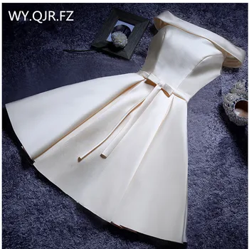 WYHS-65X # قارب الرقبة الدانتيل يصل حك الساتان القماش الوردي الأحمر فساتين السهرة قصيرة العروس الزفاف حفلة نخب فستان حفلة موسيقية بالجملة