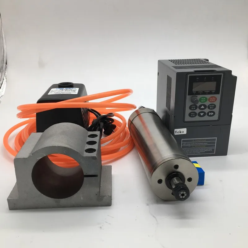 1.5KW 220v 24000rpm ER11 80mm Motor de husillo refrigerado por agua + inversor de 1.5kw VFD + kit de bomba de agua de 75W para grabado CNC PVC