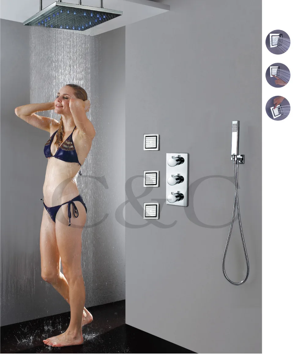 

20 Inch LED 3 Colors Temperature Sensitive Shower Head Set All Metal Thermostatic LED Rainfall Bathroom Shower Tap Set