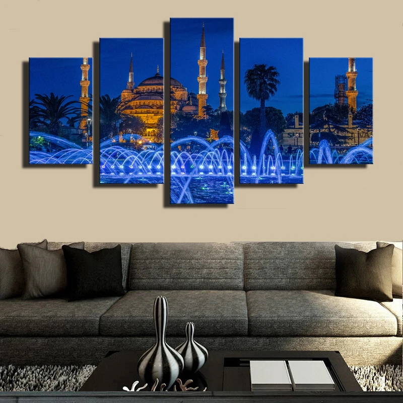 Islamic Blue Turkey Istanbul Sultan Ahmed Mosque Religious Night Scene Posters Prints on Canvas Wall Art Painting for Room Decor