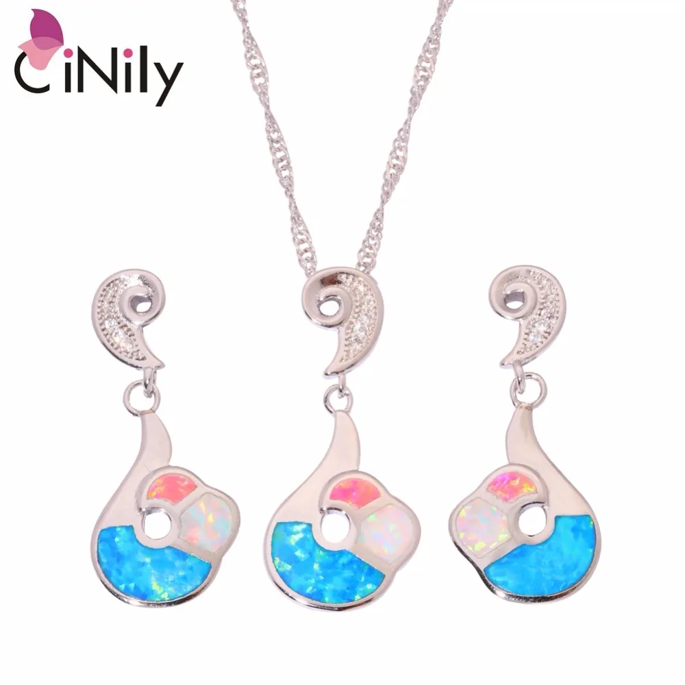 CiNily Created White Blue Pink Fire Opal Cubic Zirconia Silver Plated Wholesale Women Jewelry Pendant Earrings Jewelry Set OT119