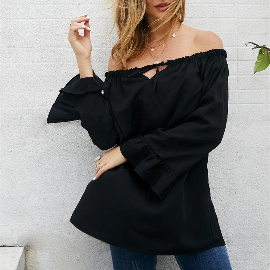 

Autumn Women Chiffon Blouses Solid Off Shoulder Streetwear Hollow Out Slash Neck Loose Women Tops Flare Sleeve Casual Blusas