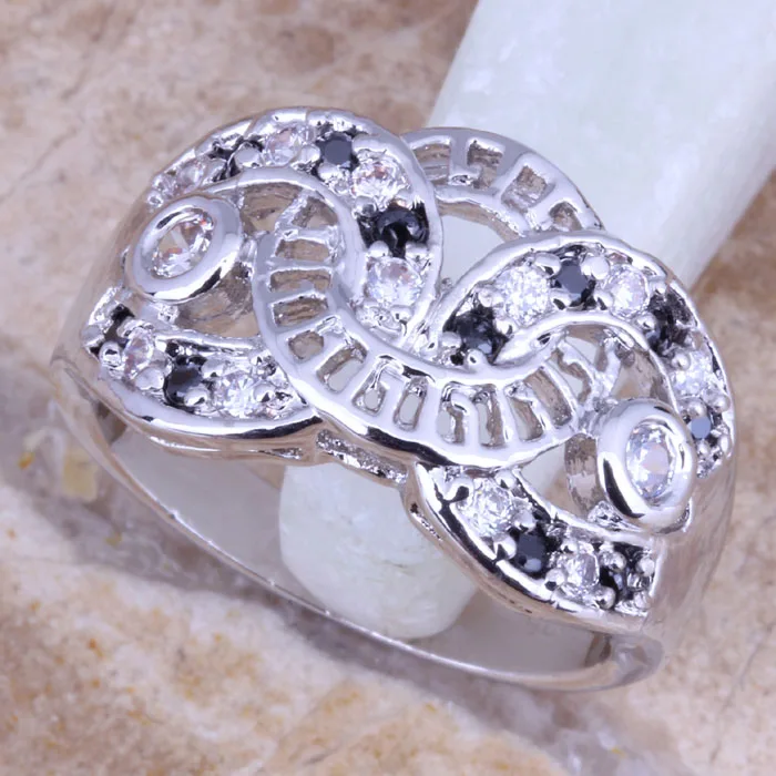 Absorbing Black Cubic Zirconia White CZ Silver Plated  Women's Ring Size 6 / 7 / 8 / 9 R1308