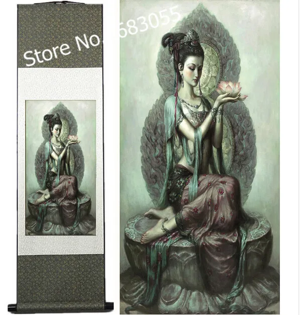 

Dunhuang frescoes/leaders of lotus-guanyin/buddhist/silk/painting/scroll painting hang picture home Christmas decorations