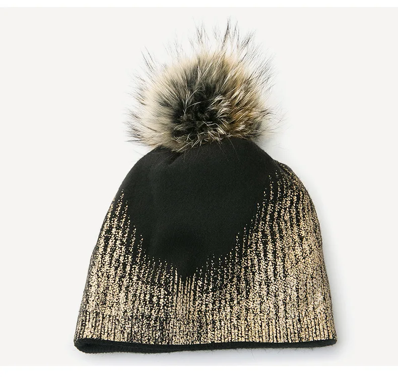 Wool Blends Metallic Beanie Knit Hat With Fur Pom Pom Slouchy Women Winter Hats