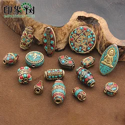 1Pc/5Pcs Retro Styles Nepal Beads Handmade Red Coral Tibetan Beads Antique Golden For Jewelry Components Making DIY Bracelets