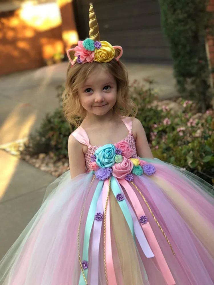 Girls Pastel Unicorn Flower Tutu Dress Kids Fluffy Crochet Long Tulle Dress Ball Gown with Hairbow Children Wedding Party Dress