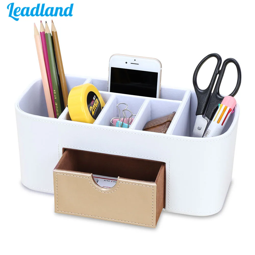 

Office Desk Organizer 6 Compartments Makeup Storage Box PU Leather Pen Pencil Holder with Drawer 3 Colors Jewelry Case