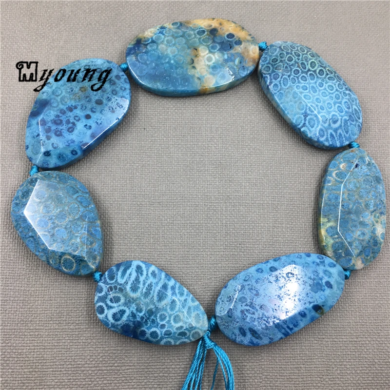 Oval Faceted Blue Chrysanthemum Stone Slice beads,Natural Coral Gem Stone Sediment Slab Pendant Beads for jewelry MY1505