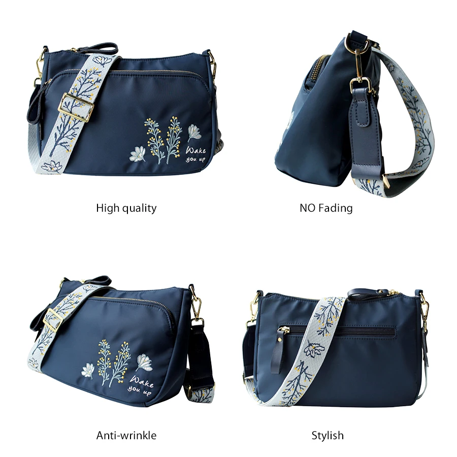 Flower Princess Embroidery Wide Strap Crossbody Bag for Women Nylon Casual Shoulder Bag Women\'s Messenger Bag Daily Use