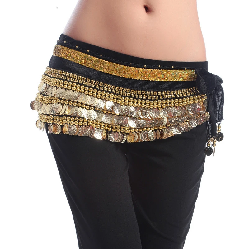 More Colors Women Dancewear Class Wear Hip Scarf 338 Coins Gold/Silver Adjustable Fit Velvet Belt with Small Beads