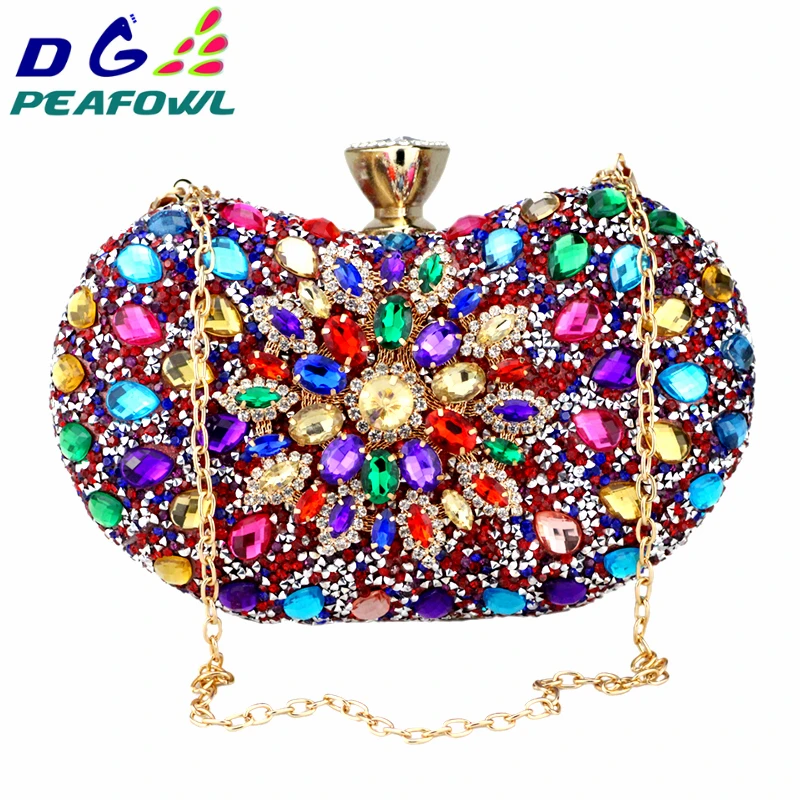 DG PFAU 5 farben Zwei Side Luxus Kristall Floral Kupplung Kette Tasche Abend Frau Diamant Hochzeit Schulter Geldbörse Handtaschen