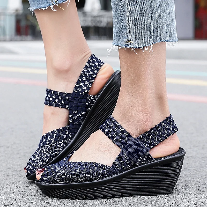 2025 Summer Sandals Womens Shoes Casual Breath Woven Wedges Shoes 6CM High Fashion Outside Sandals Female Slipper Black 35-41