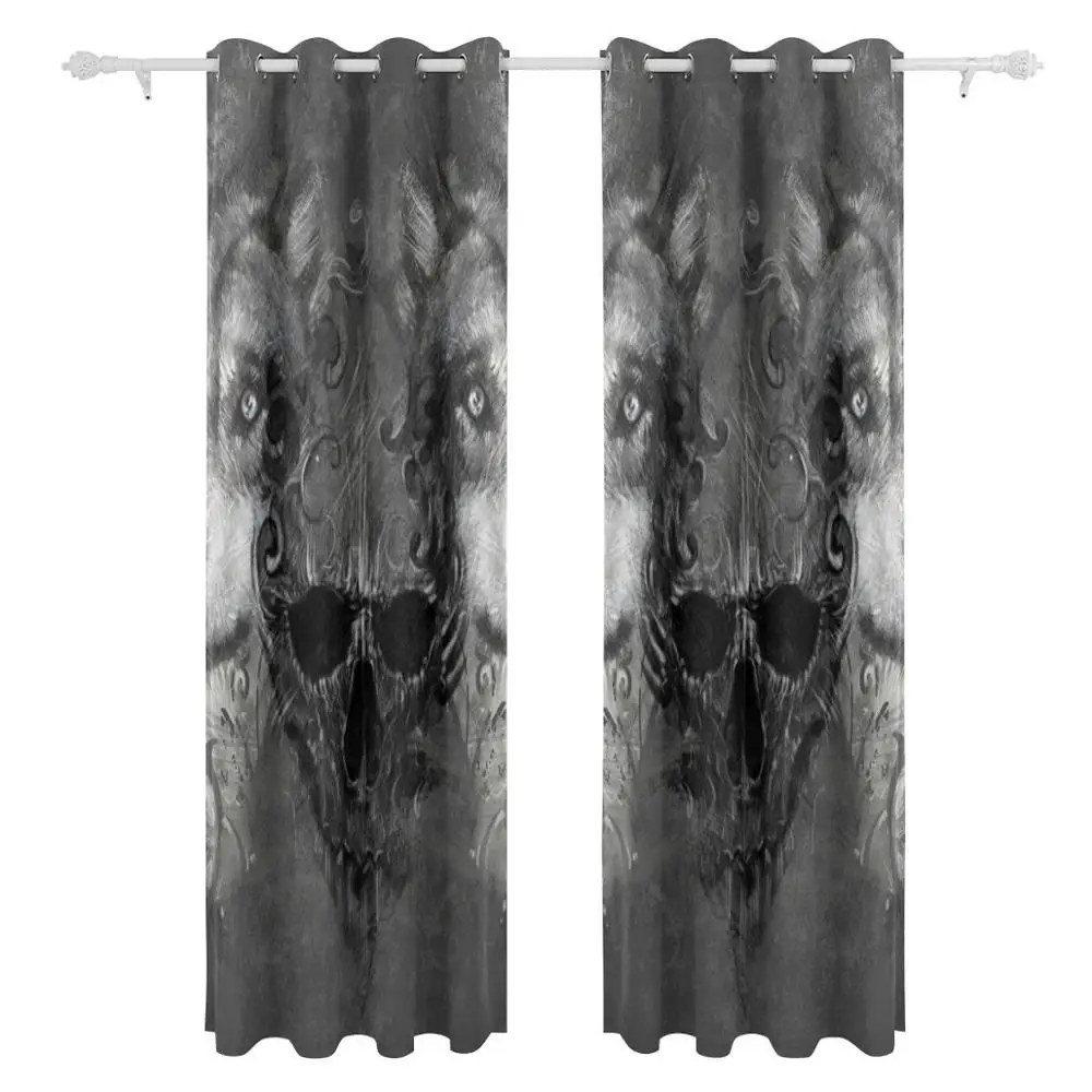 Skull Wolf Curtains Drapes Panels Darkening Blackout Grommet Room Divider for Patio Window Sliding Glass Door 55x84 Inches