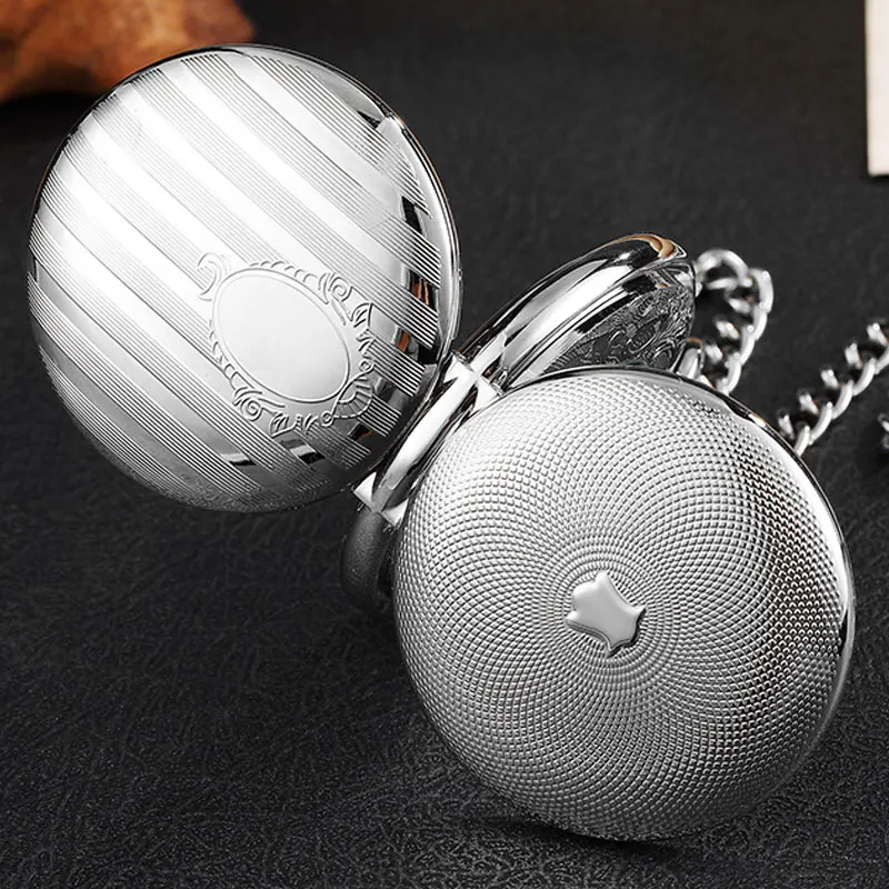 Silver Stainless Steel Vintage Mechanical Pocket Watch Stripe Engraved Double Side Case Skeleton Fob Watch Steampunk Men Women
