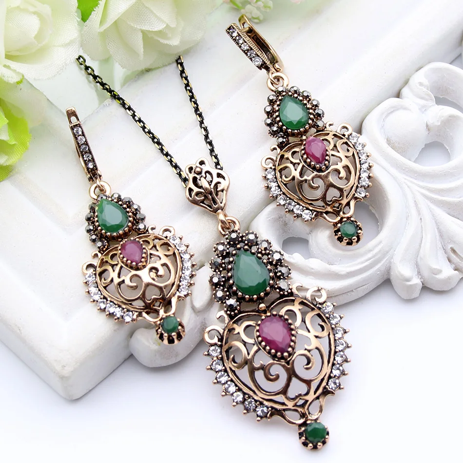 Sunspicems Antique Gold Color Turkish Women Flower Necklace Drop Earring Sets Metal Arabesque Arabic Ethnic Banquet Jewelry Gift