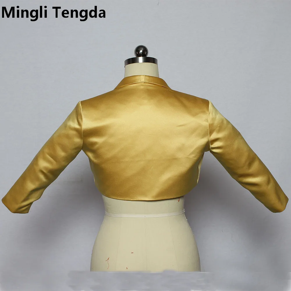 New Gold Satin Wedding Bolero Tippet Shrug Bridal Jacket Stole Wrap 3/4 Sleeve Lined Custom Made Wedding Caps Mingli Tengda cape