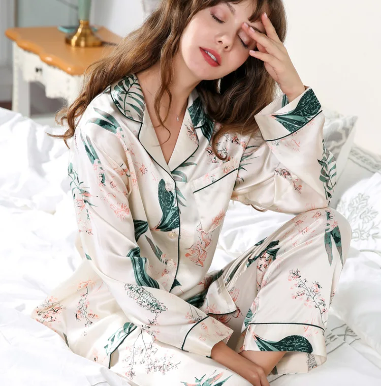 Real Silk Pajama Sets Female Fashion Printed 100% Silkworm Silk Long-Sleeve Two-Piece SILK Woman's Sleepwear Thin Summer T8166