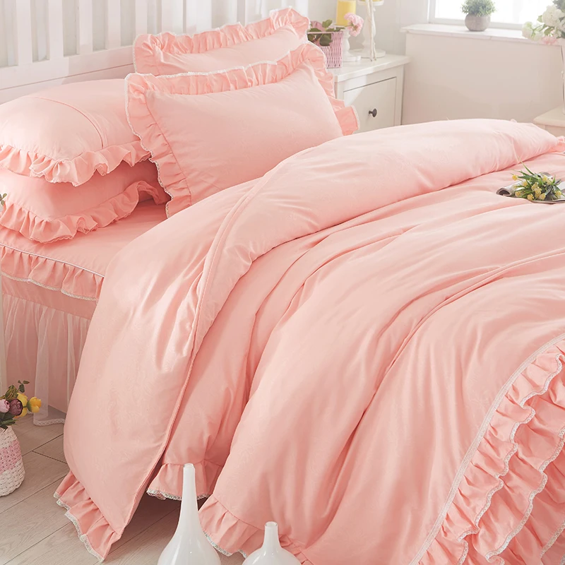 Korean Princess Lace Bed Skirt Pillow Case Duvet CoverBedding Sets 4 Pcs Set Pure Color orange rose jade pink Lace Quilt Cover